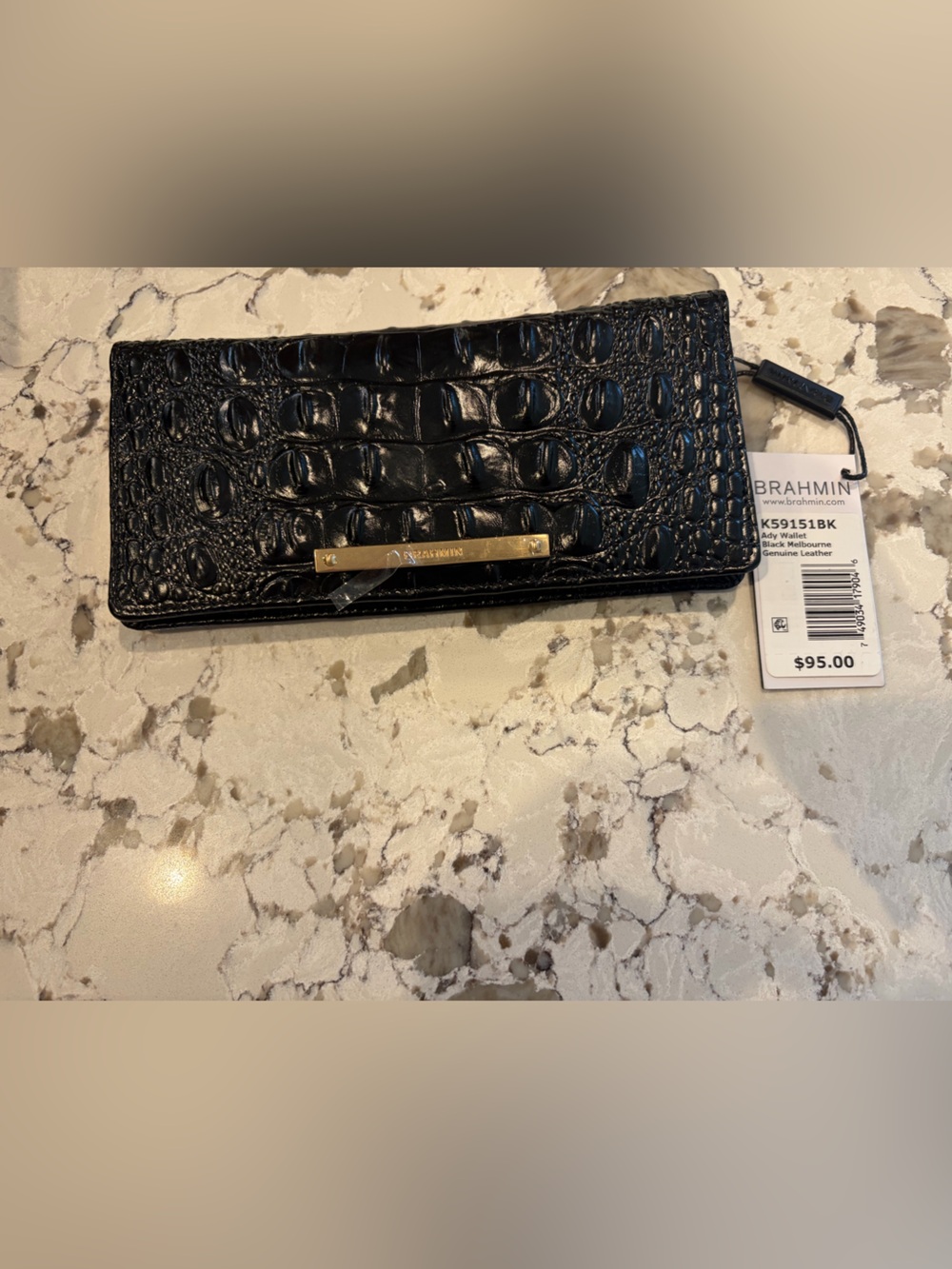 Brahmin Black Croc-Embossed Leather Long Wallet with Gold Plate
